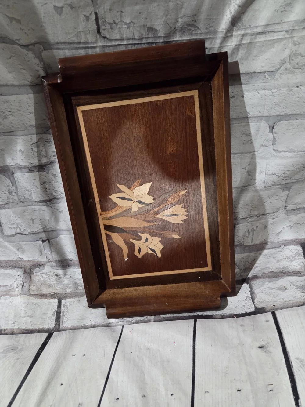 Wood Inlay Serving Tray with Floral Design - Brown